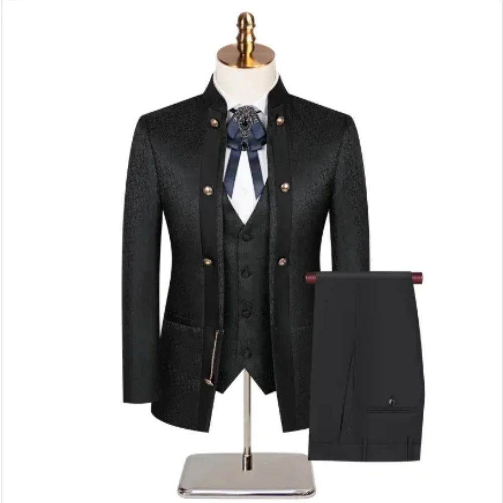 Double Breasted Jacquard Men's 3-Piece Suit Set