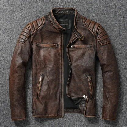 Vêtements en cuir véritable - Veste en cuir à col montant pour hommes