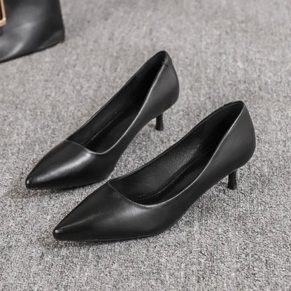 Elegante Damenschuhe aus schwarzem Leder mit dünnem Absatz für die Arbeit