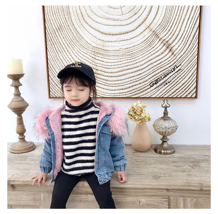 1-6 Years Baby Girl Winter Hooded Denim Jacket with Faux Fur Lining