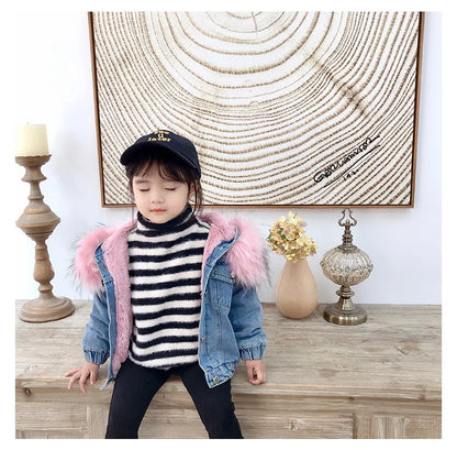 1-6 Years Baby Girl Winter Hooded Denim Jacket with Faux Fur Lining