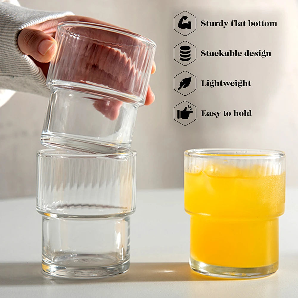 Transparent Stripe Glass Cups - Stackable Drinkware