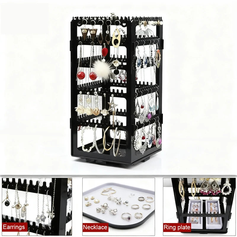 360° drehbarer Schmuckorganizer aus Acryl – Ohrringständer, Halsketten- und Armbandhalter