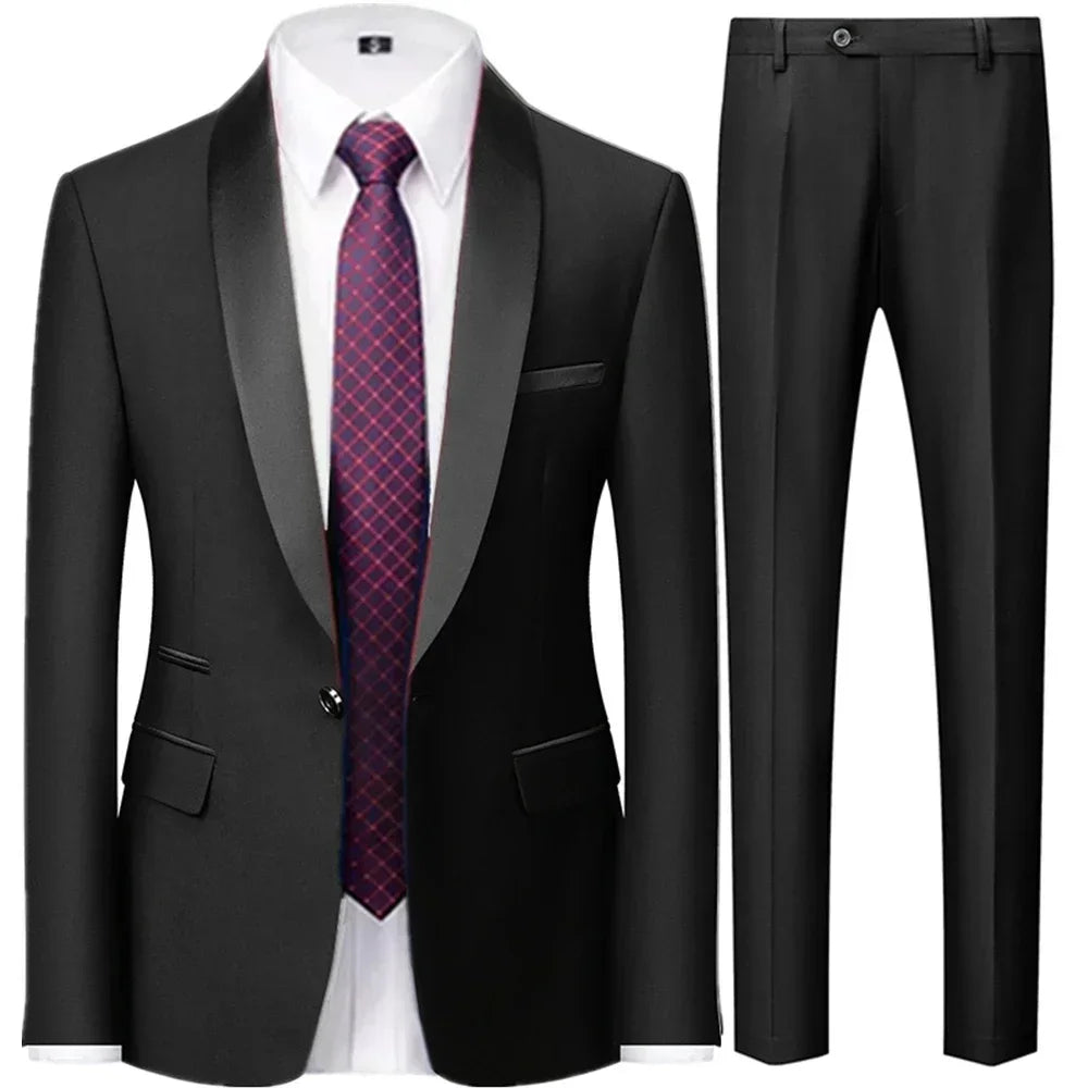 3 Pieces Set Men's Business Blazers Coat - Slim Fit Color Matching Collar Suit Jacket Pants Vest