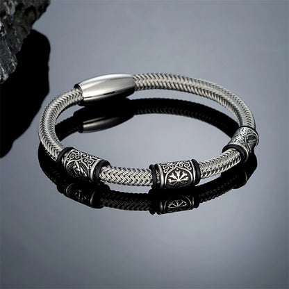 Men’s Viking Rune Stainless Steel Bracelet – Norse Futhark Runes Bangle Wire Rope Cuff