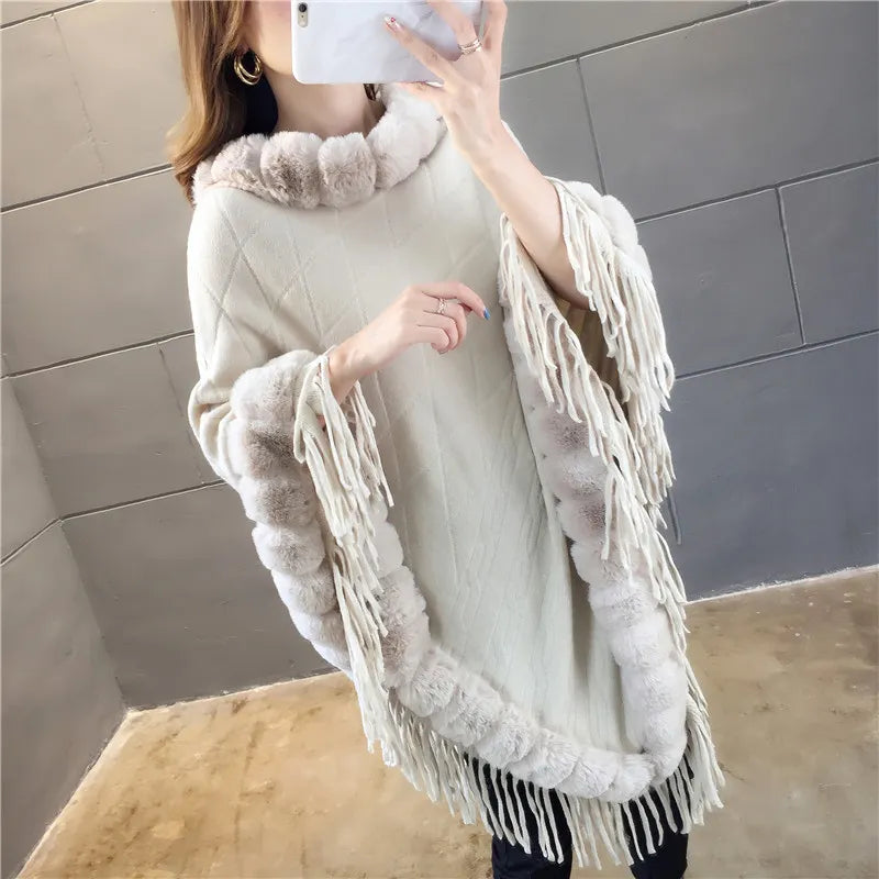 Poncho chaud d'hiver en fourrure de lapin et col en laine