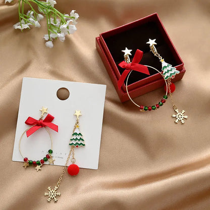 Asymmetric Christmas Earrings with Crystal Bow & Tassel