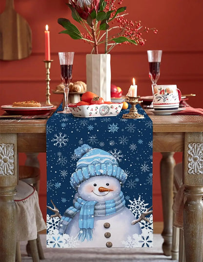 Chemin de table en lin avec motif bonhomme de neige et flocon de neige