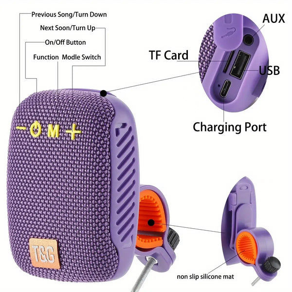 Portable bike cycling speaker showing strap attachment.