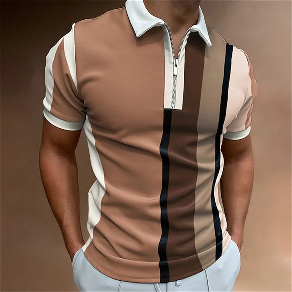 Men Zipper Striped Turn Down Collar Shirt
