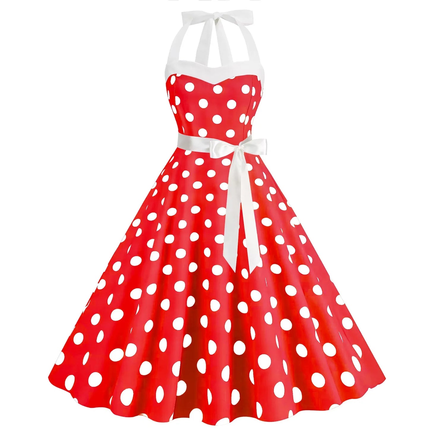 Women Sundress  Lace-up Backless Polka Dot Pleated Midi Dress