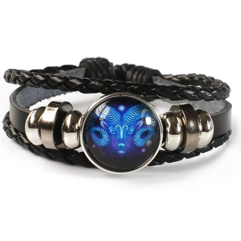Unisex-Armband mit den 12 Sternzeichen – Leuchtendes, mehrlagiges Lederarmband mit Anhängern