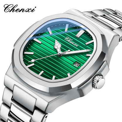 Wasserdichte Herrenuhr aus Edelstahl – Quadratisches Zifferblatt im Nautilus-Stil mit Leuchtmasse, Kalender und Datumsanzeige