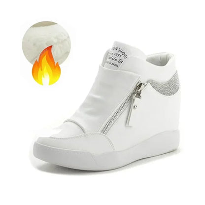 High Top Side Zip White Platform Wedge Sneakers with Hidden Heel