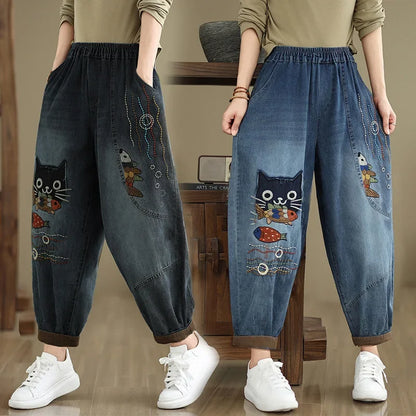 High Waist Breeches Pockets Mom Harem Blue Jeans