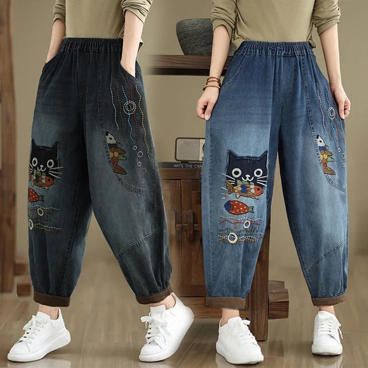High Waist Breeches Pockets Mom Harem Blue Jeans