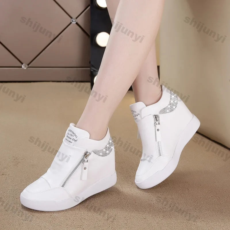 High Top Side Zip White Platform Wedge Sneakers with Hidden Heel