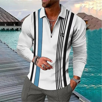 Men's Long Sleeve Stripe Golf Zipper Polo Shirt