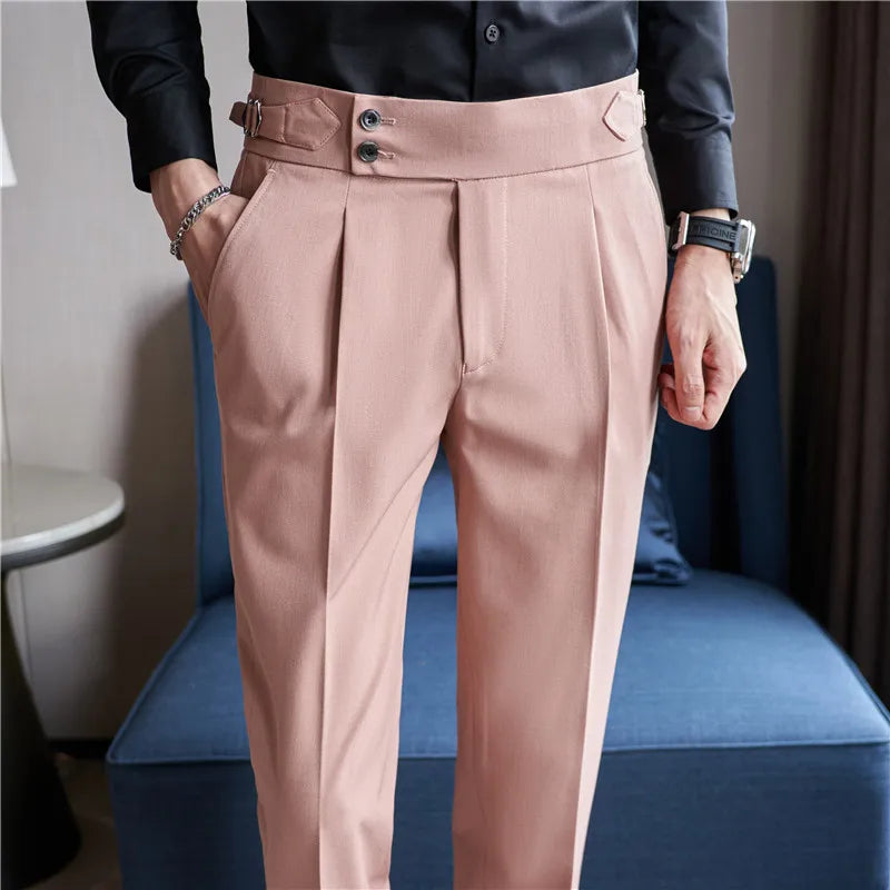 Men’s Classic Slim Fit Office Trousers - High Waist Vintage Pants