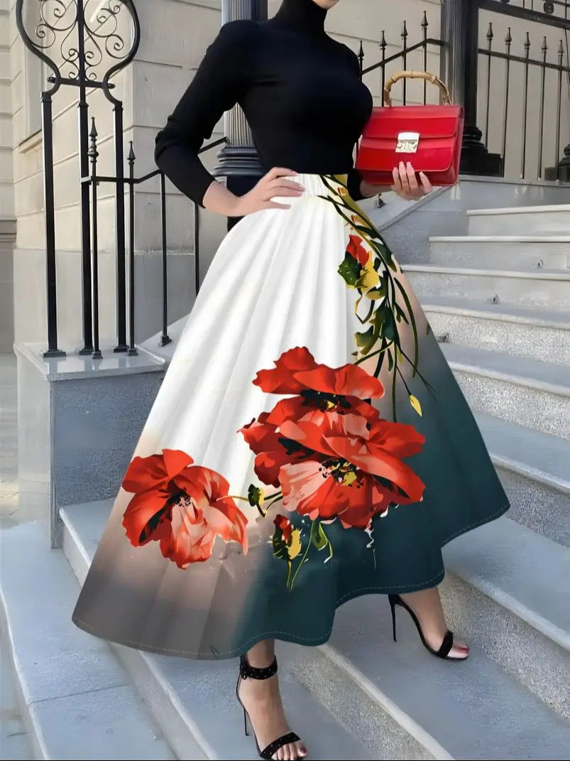 Damen-Midlong-Rock mit Blumenmuster und lockerer Passform
