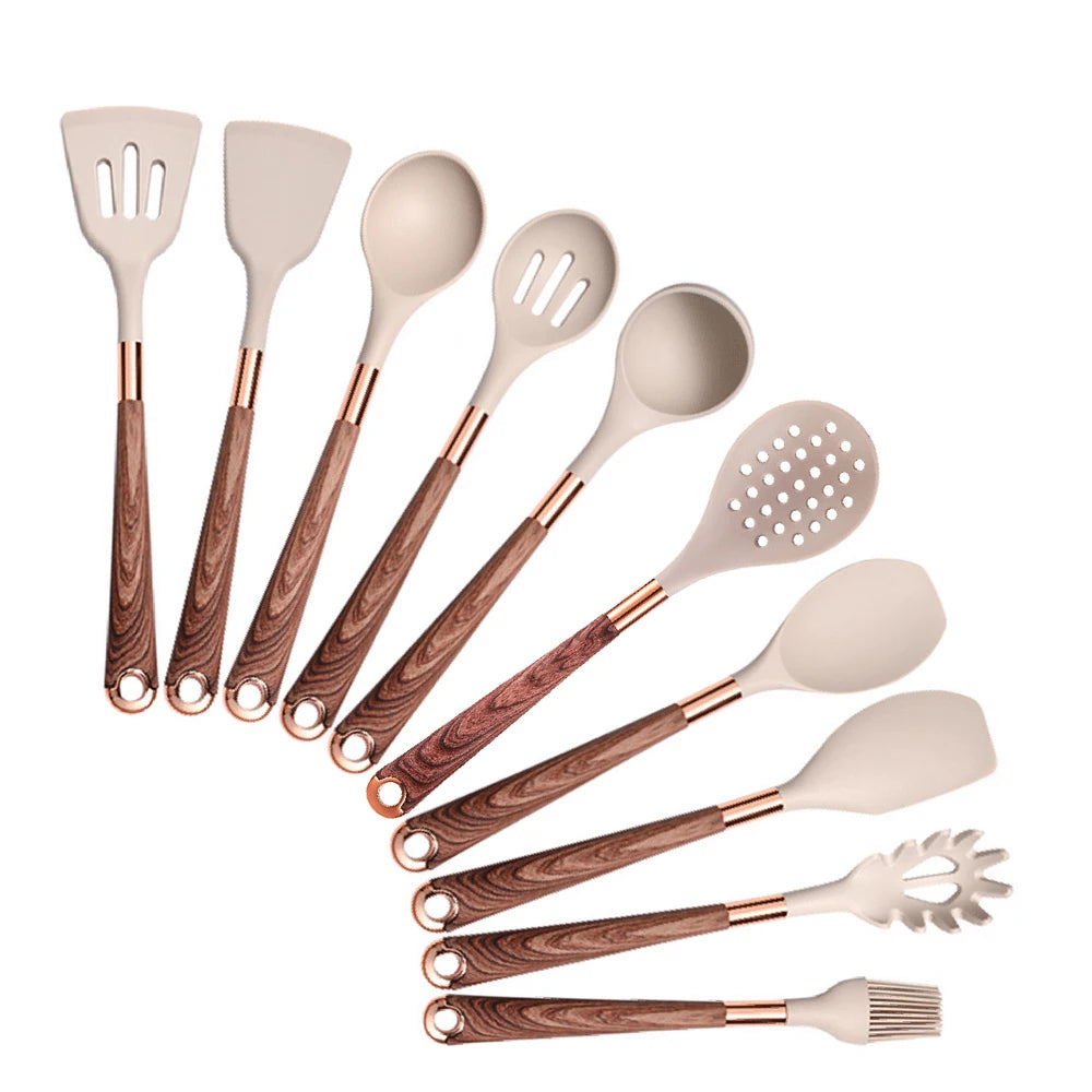 Ensemble d'ustensiles de cuisine en silicone abricot/noir