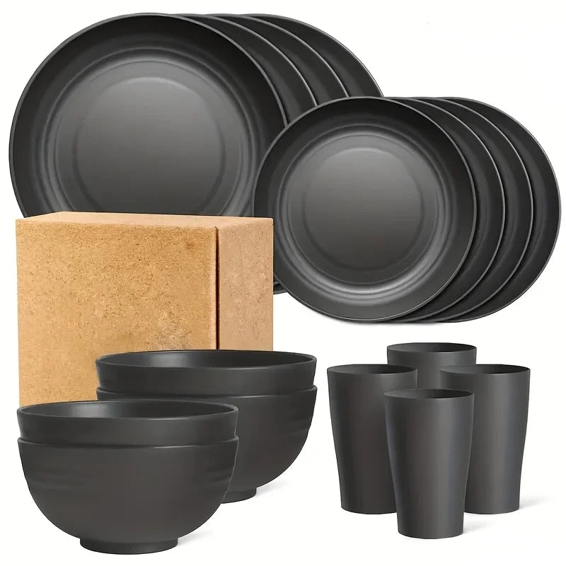 16pcs Black Cutlery Set With Plates & Cups