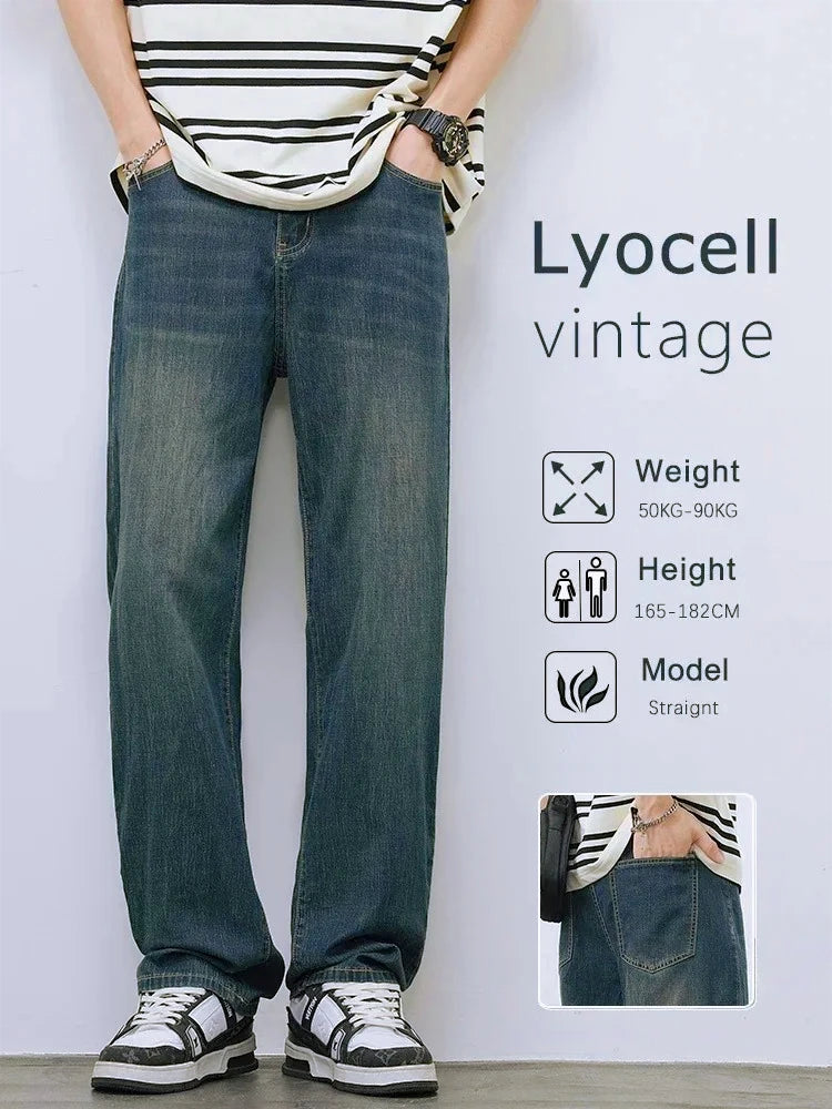 Jean en denim à lisière brute coupe droite décontractée pour hommes