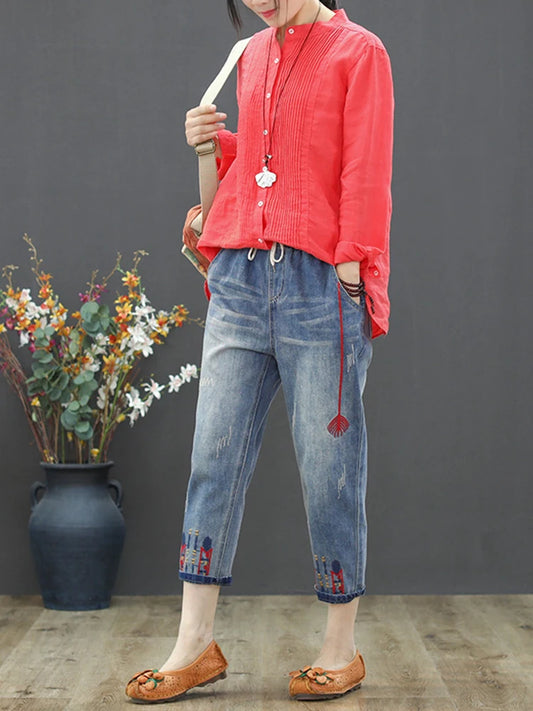 Ladies Ripped Jeans - Women Casual Embroidery Denim