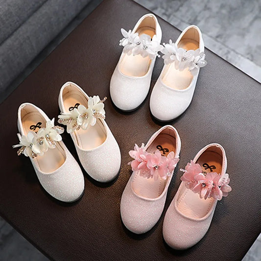 Chaussures de princesse en cuir à fleurs brillantes pour enfants