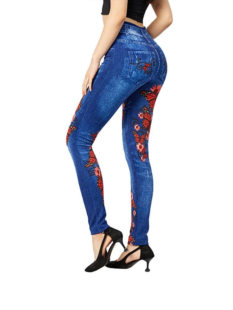 Women's Gym Leggins High Waist Elastic Butterfly Pritned Pencil Jeans
