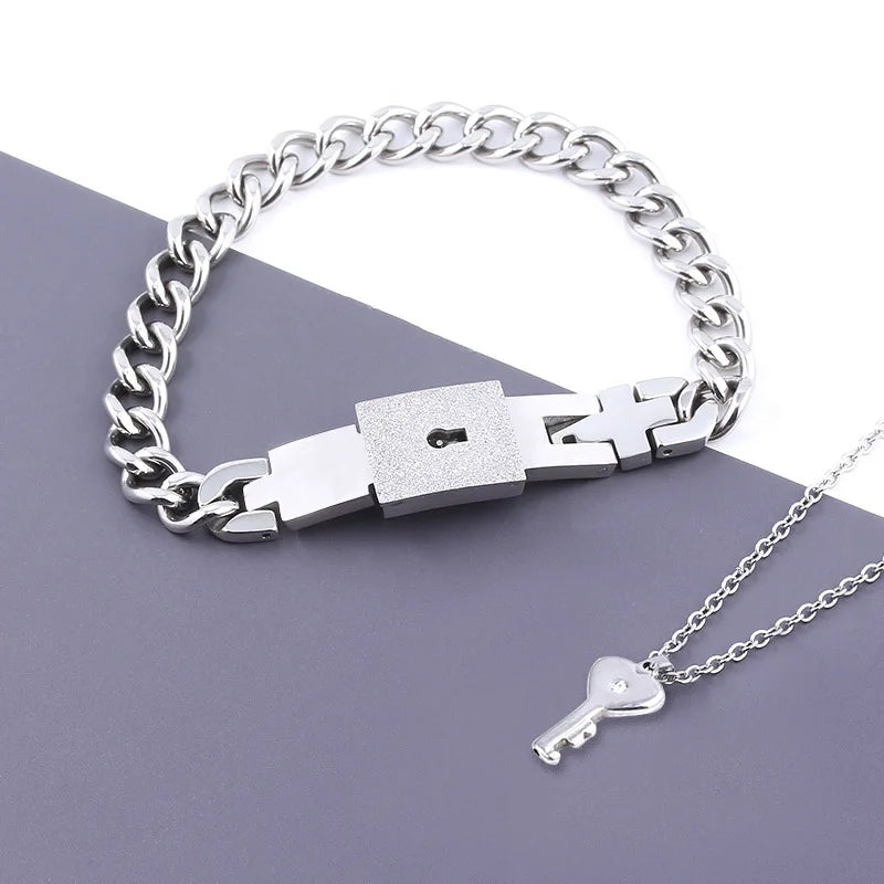 Couple Heart Lock & Key Necklace Bracelet Set – Stainless Steel Love Pendant Choker
