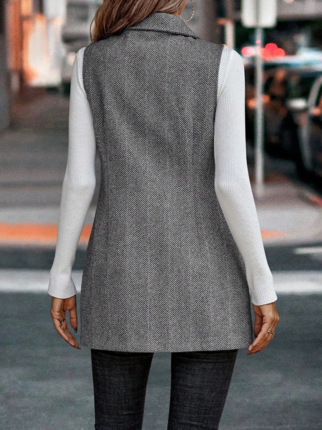 Women's Double Breasted Notched Lapel Waistcoat - Plaid Sleeveless Blazer