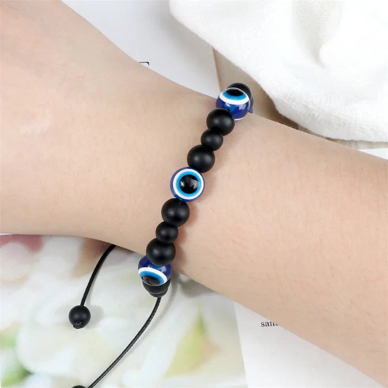 Unisex Black Matte Lava Bead Bracelet Blue Evil Eye Charm – Lucky Protection Bangle