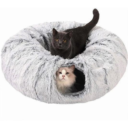Foldable Two-in-One Round Warmth Multifunctional Plush Fluffy Donut Tunnel Cat Bed