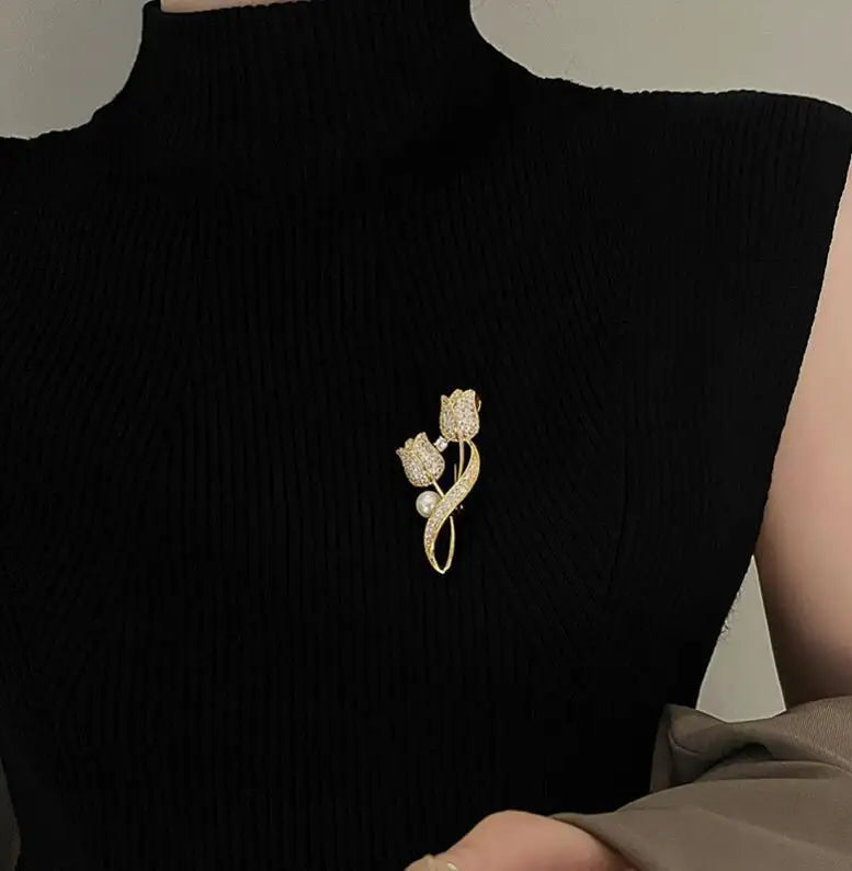 Golden Tulip Flower Pearl Brooch for Women – CZ Rhinestone Crystal Metal Pin