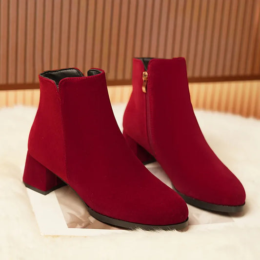 Bottines chaudes en laine à talons mi-hauts pour femmes