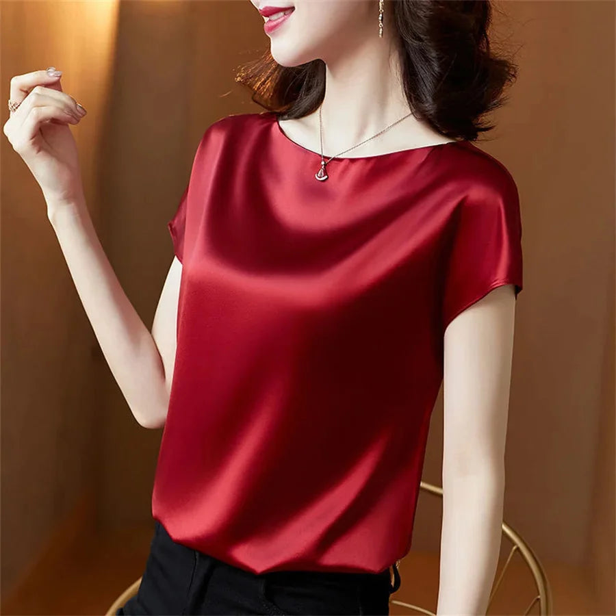Women Satin Short Sleeve O-Neck Blouse