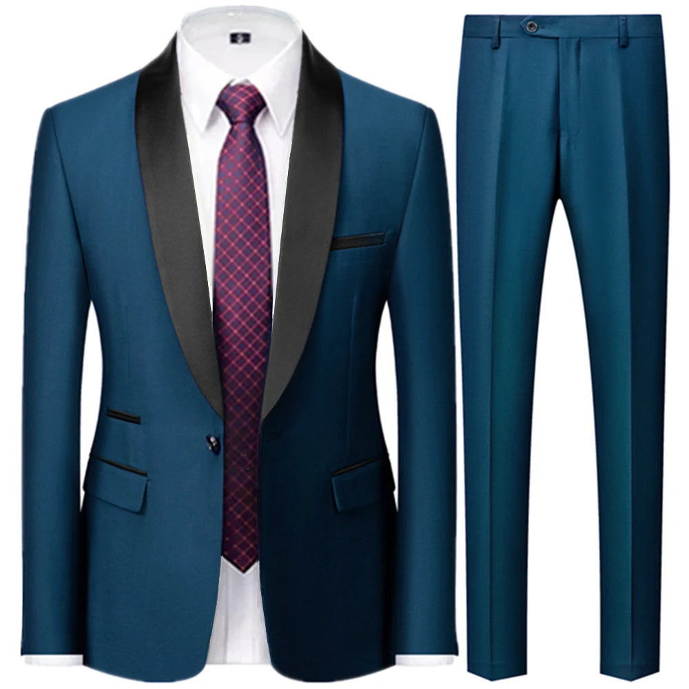 3 Pieces Set Men's Business Blazers Coat - Slim Fit Color Matching Collar Suit Jacket Pants Vest