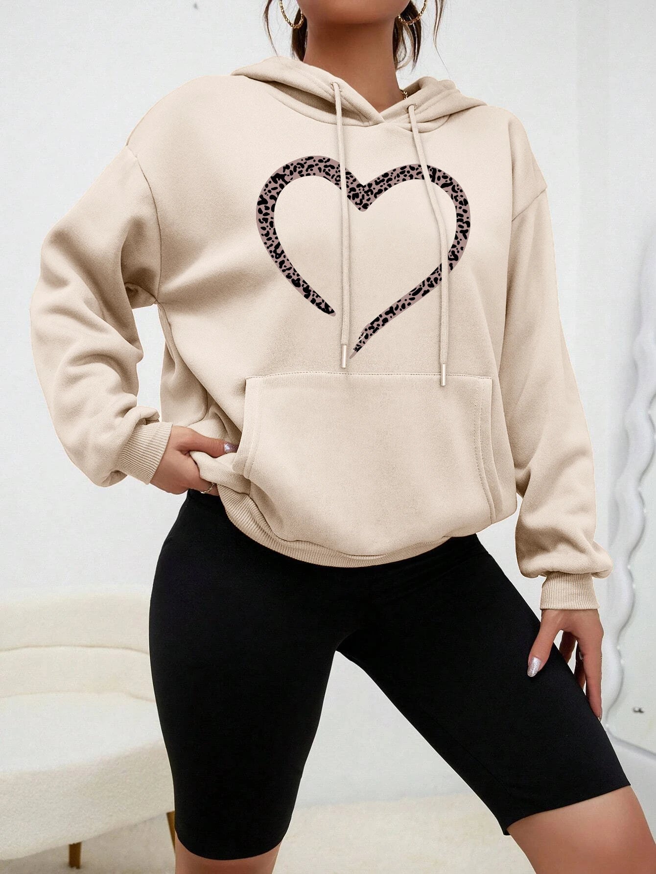Women's Loose Heart Print Hip Hop Hoodie