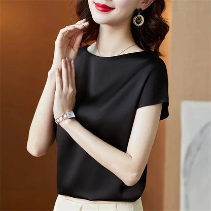 Women Satin Short Sleeve O-Neck Blouse