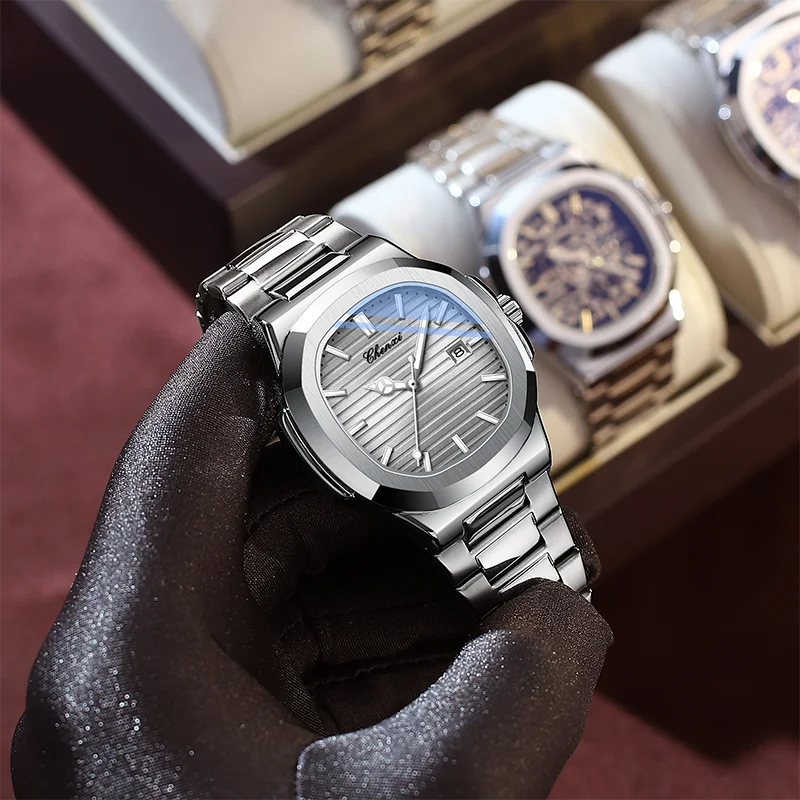 Wasserdichte Herrenuhr aus Edelstahl – Quadratisches Zifferblatt im Nautilus-Stil mit Leuchtmasse, Kalender und Datumsanzeige