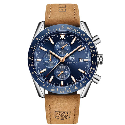 Montre chronographe à quartz pour homme – Montre-bracelet analogique étanche avec bracelet en cuir