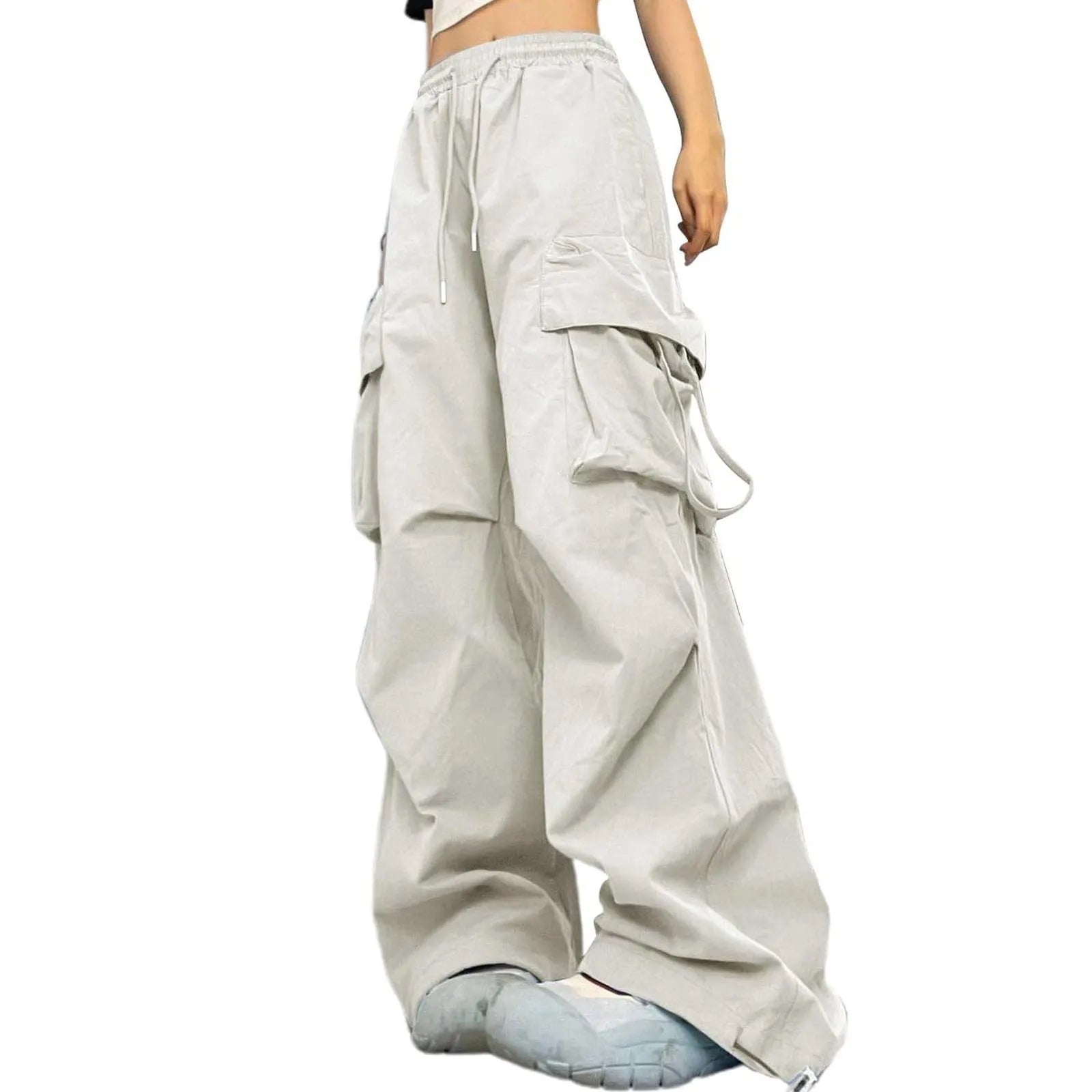 Weit geschnittene Cargohose für Damen – Streetwear-Hose mit Kordelzug, hohem Bund, vielen Taschen und lockerer Passform