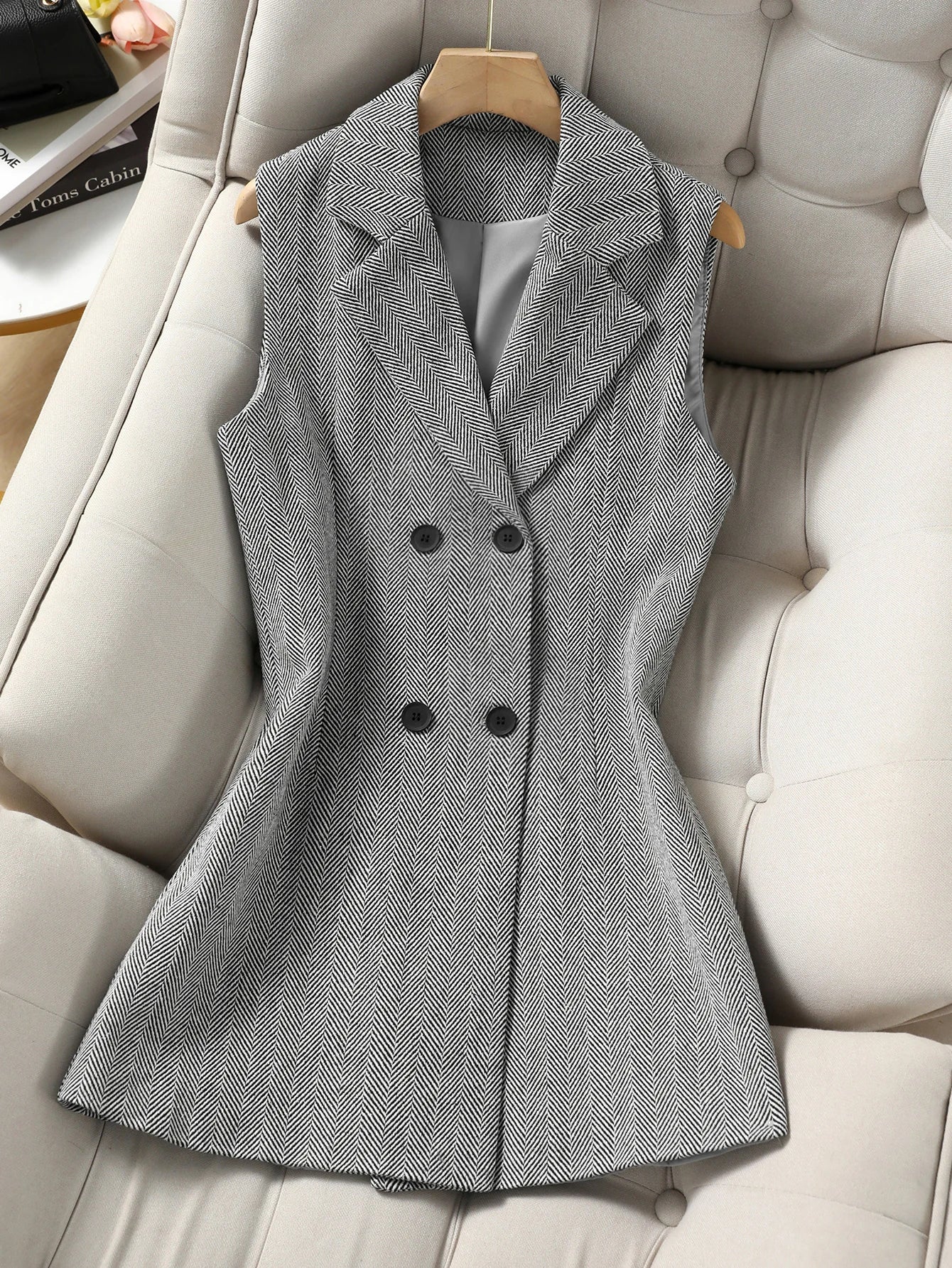 Women's Double Breasted Notched Lapel Waistcoat - Plaid Sleeveless Blazer