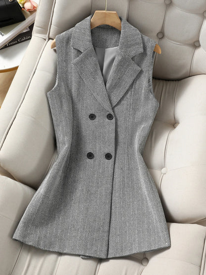 Women's Double Breasted Notched Lapel Waistcoat - Plaid Sleeveless Blazer