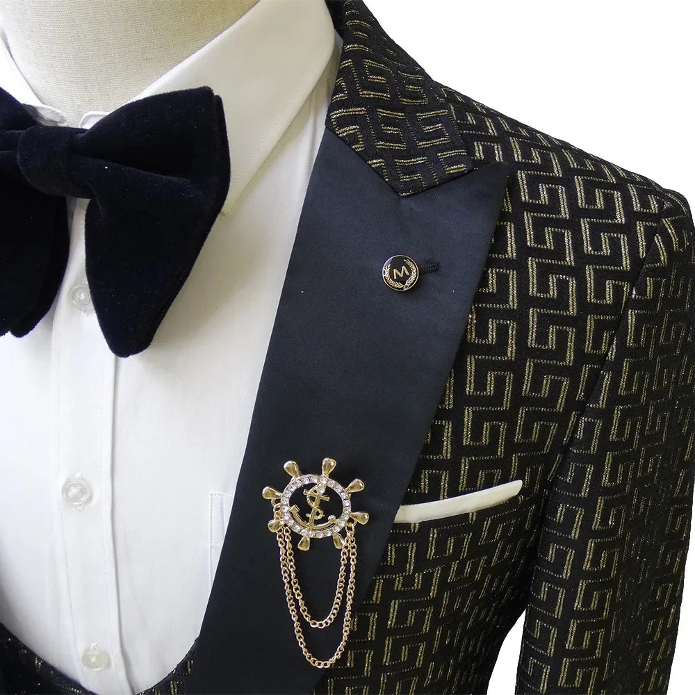 Black and White Men's 3-Piece Suit with Gold Print