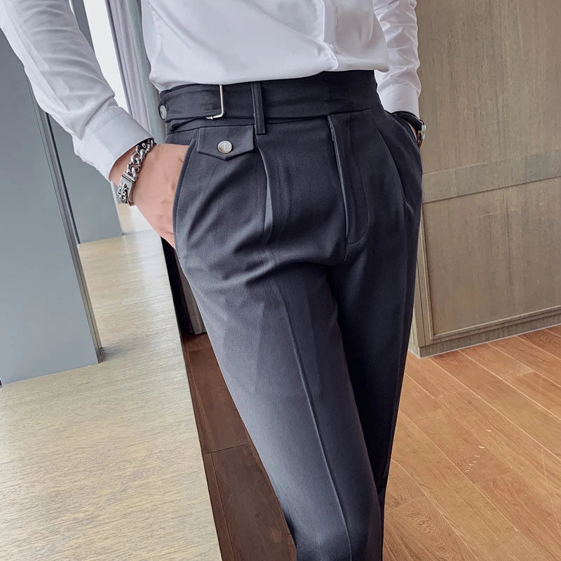 High Waist Solid Slim Fit Men’s Trousers