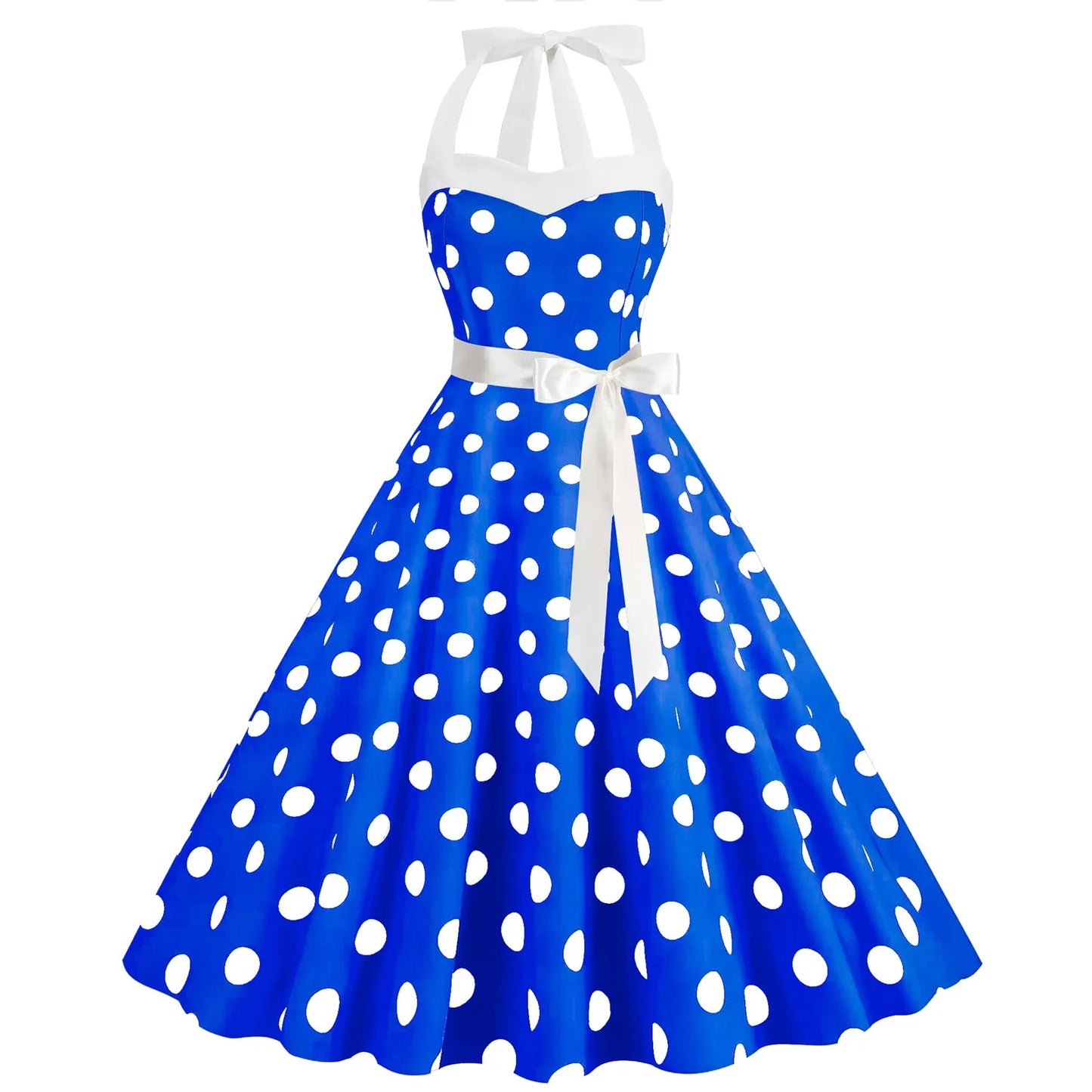 Women Sundress  Lace-up Backless Polka Dot Pleated Midi Dress