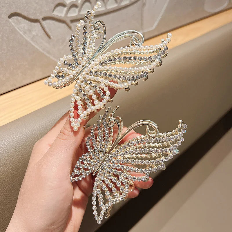 Rhinestone Butterfly Hair Claw Clips for Women – Pearl & Crystal Bling Hair Accessories