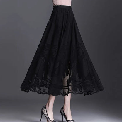 Long Skirt Big Swing Gauze Hollow Pleated Skirt